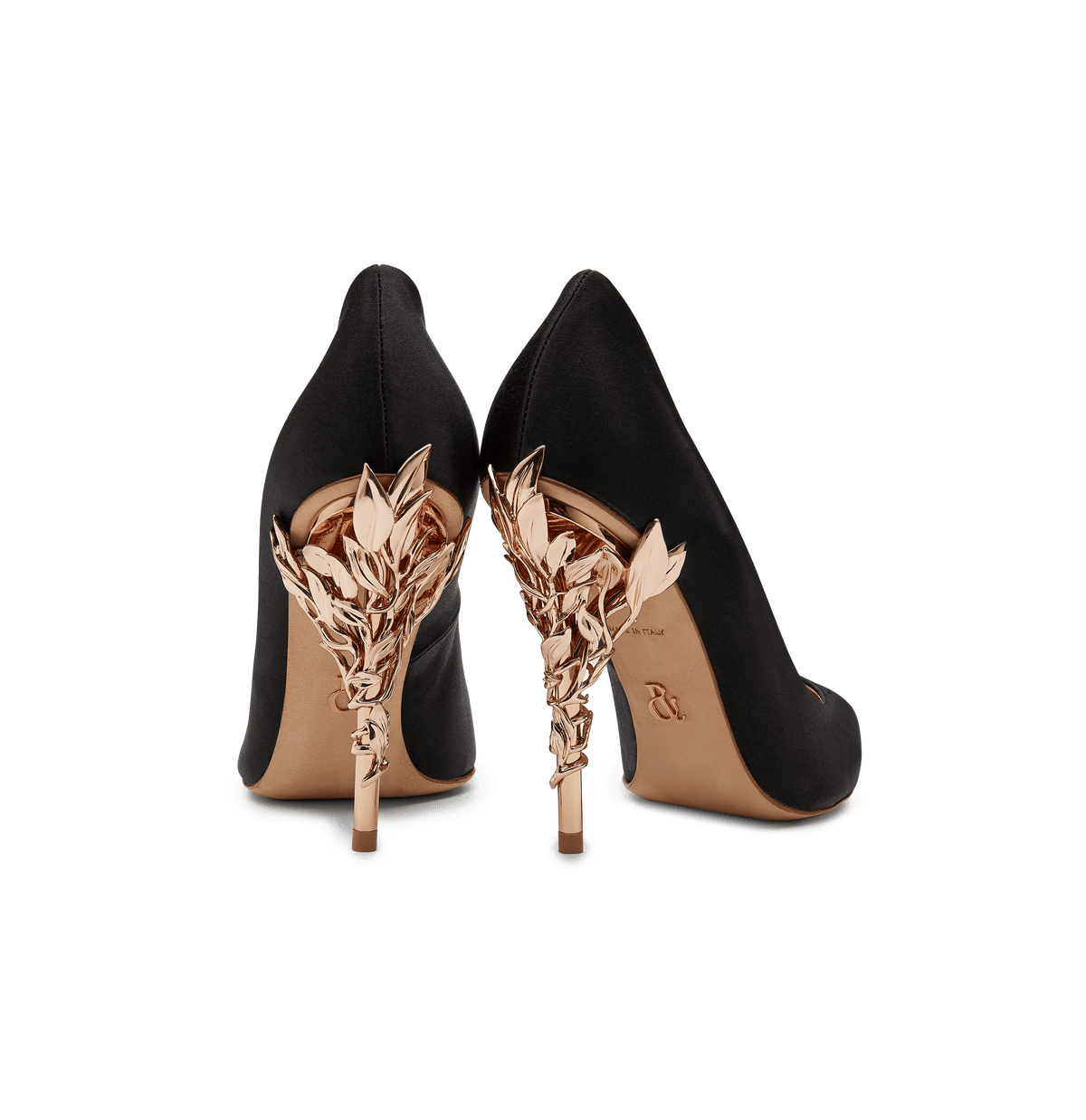 Black Satin Eden Heels with Rose Gold Leaves