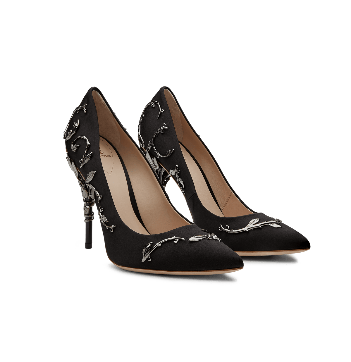 Black Satin Eden Pumps With Gunmetal Leaves